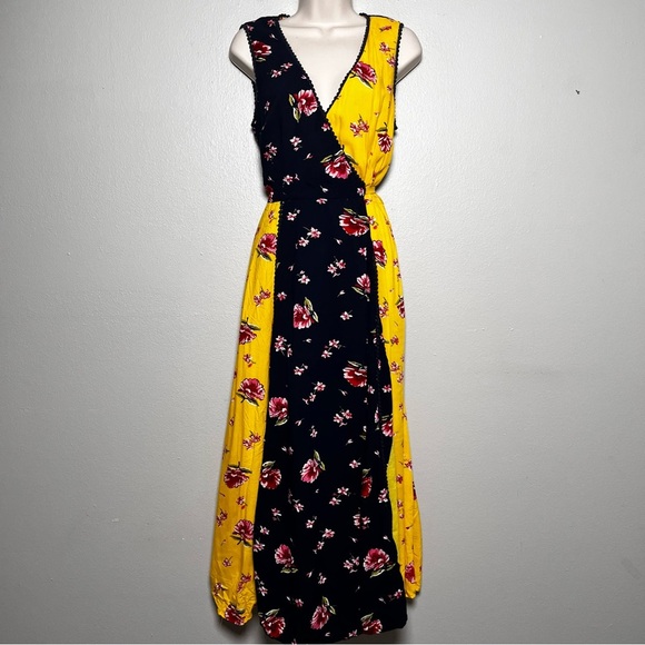 eShakti Wayward Fancies Women Dress Medium Blue Yellow Floral‎ Wrap Summer - Picture 1 of 10